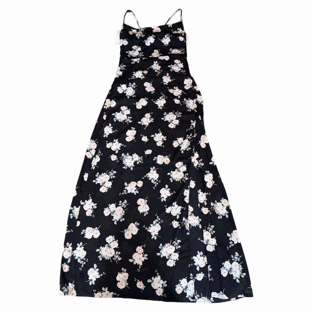 Black Floral Maxi Dress Womens Size Medium Express Sheer Slit Adjustable Straps